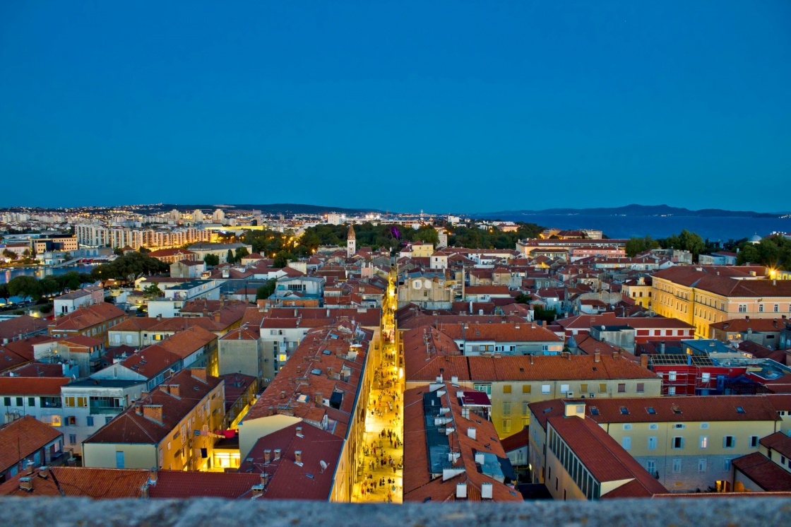 Zadar rooftops night aerial view, Dalmatia, Croatia